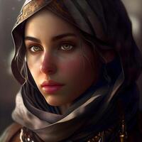 Portrait of a beautiful girl in a medieval costume. 3d rendering, Image photo