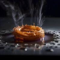 Falling donut with dust on a dark background. 3d rendering, Ai Generative Image photo