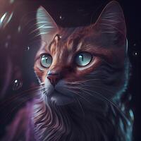 fantasía retrato de un rojo gato con azul ojos en un negro fondo., ai generativo imagen foto