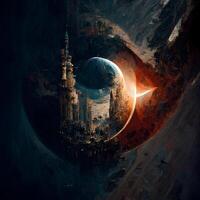 3D rendering of a fantasy alien planet in deep space with a mosque, Image photo