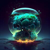 Human skull in a crystal ball. 3D rendering. Neon colors., Image photo