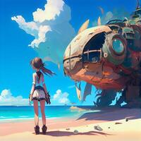 Beautiful girl on the beach with an old ship. illustration., Image photo