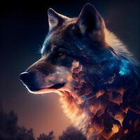 The wolf looks at the night sky with stars. Digital painting., Image photo