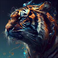 Tiger in water. Digital painting. 3D rendering. Abstract background., Image photo