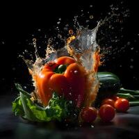 Green paprika with water splash on black background. Shallow depth of field., Image photo