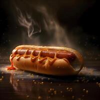 Hot dog with mustard on a black background. Selective focus., Image photo