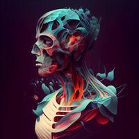 Artistic 3D illustration of a human skull with an abstract background, Image photo