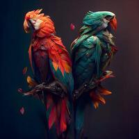 Two parrots with colorful feathers on a black background. Toned., Image photo