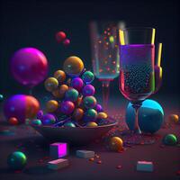 Glasses of champagne and balls on a dark background. illustration, Image photo