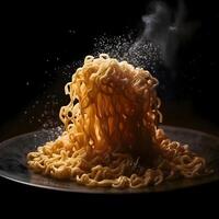 Instant noodle with boiling water on a black background, close-up, Ai Generative Image photo