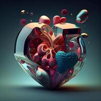 3D illustration of a heart in a glass vase on a dark background, Image photo