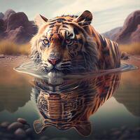 Siberian Tiger in the water. 3D Rendering., Image photo