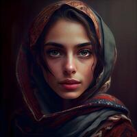 Portrait of a beautiful young woman with a shawl., Image photo