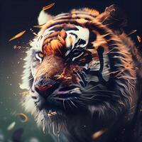 Beautiful tiger with fire effect on a dark background. Digital painting., Image photo