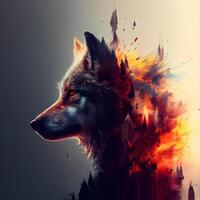 Digital painting of a wolf in fire and flames on a white background, Image photo