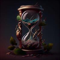 Hourglass with green leaves on dark background. 3D illustration., Image photo