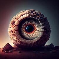 3d rendering of an eye with some rocks in the background., Image photo