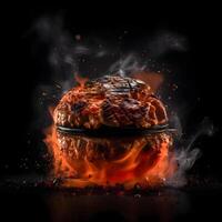 Big hamburger on fire with flames and smoke on dark background., Image photo