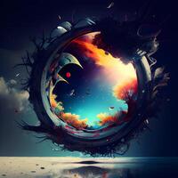 Fantasy planet in surreal space. Collage. 3D rendering, Image photo