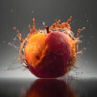 Fresh peach falling into water with splash on black background. Healthy food concept., Image photo