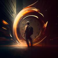 Man walking in front of a clock at night. Time concept., Ai Generative Image photo