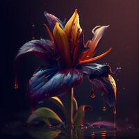 hermosa lirio flor con gotas de agua en un oscuro fondo, ai generativo imagen foto