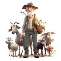 Old farmer with sheep and goats on a white background. Isolated, Image photo