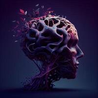 3d representación de un resumen humano cerebro hecho de raíces y hojas, ai generativo imagen foto