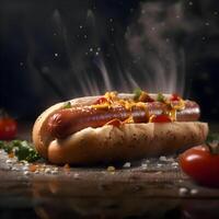 Hot dog with mustard, ketchup and mustard on a black background, Image photo