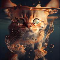 Fantasy portrait of a cat in water. 3D illustration., Image photo
