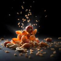 Mix of nuts, raisins and dried apricots on black background, Image photo