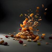 Dried fruits levitate in the air on a dark background., Image photo