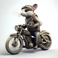 3d representación de un linda ratón sentado en un Clásico motocicleta., ai generativo imagen foto