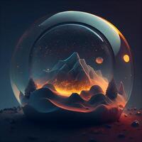 Snow globe with mountains and forest in it. 3D illustration., Image photo