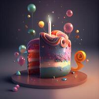 Birthday cake with candles and balloons, 3d rendering. Computer digital drawing., Image photo