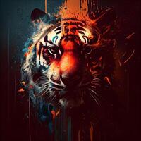 Tiger face art illustration with grunge effect and colorful splashes, Image photo