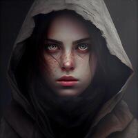 Portrait of a girl with blood on her face and a hood, Image photo