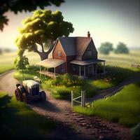 Countryside scene with tractor and house. 3d render illustration., Image photo