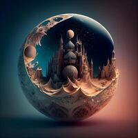 Fantasy planet with mystic city and moon. 3D illustration., Image photo