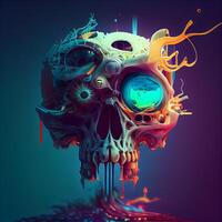 3d illustration of human skull with colorful paint splashes on dark background, Image photo