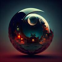 Illustration of a Halloween background with a moon and a haunted house, Ai Generative Image photo