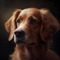 Digital painting of a golden retriever dog in profile on dark background, Image photo