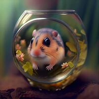 Hamster in a glass jar with green plants. 3d rendering, Image photo