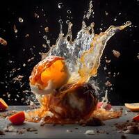 Falling fruits with splashes of juice on a black background., Image photo