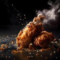 Fried chicken on a black background with smoke, close up, Ai Generative Image photo