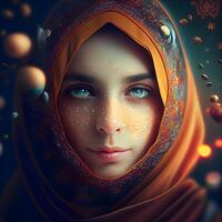 Beautiful muslim girl in hijab looking at camera. 3d rendering, Image photo
