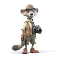 3D Render of a Cat hunter with a camera on white background, Image photo