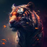 Tiger portrait with fire effect on dark background. Digital painting., Image photo