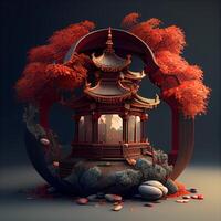 chino templo en el bosque. 3d ilustración. negro fondo., ai generativo imagen foto