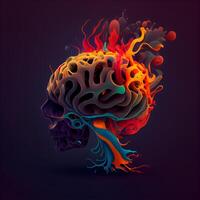 Human skull with brain and colorful fire on dark background. illustration., Image photo